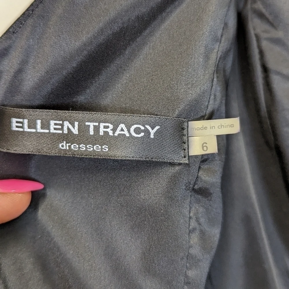 ELLEN Tracy Black Satin Sheath Wiggle Dress Mad Men MCM Style 6 Sleeveless